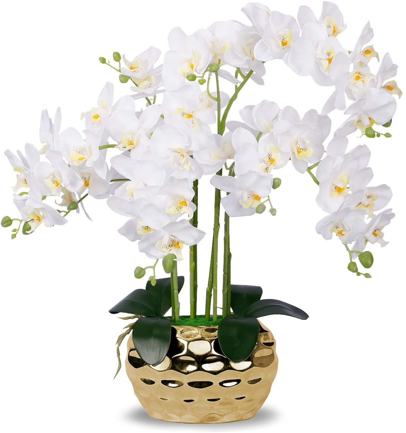 Orquídea artificial en jarrón dorado, orquídea blanca, orquídeas de seda,  planta de orquídea sintética en maceta dorada, arreglo floral falso, flores  blancas artificiales para decoración del hogar, decoración de cocina,  centros de